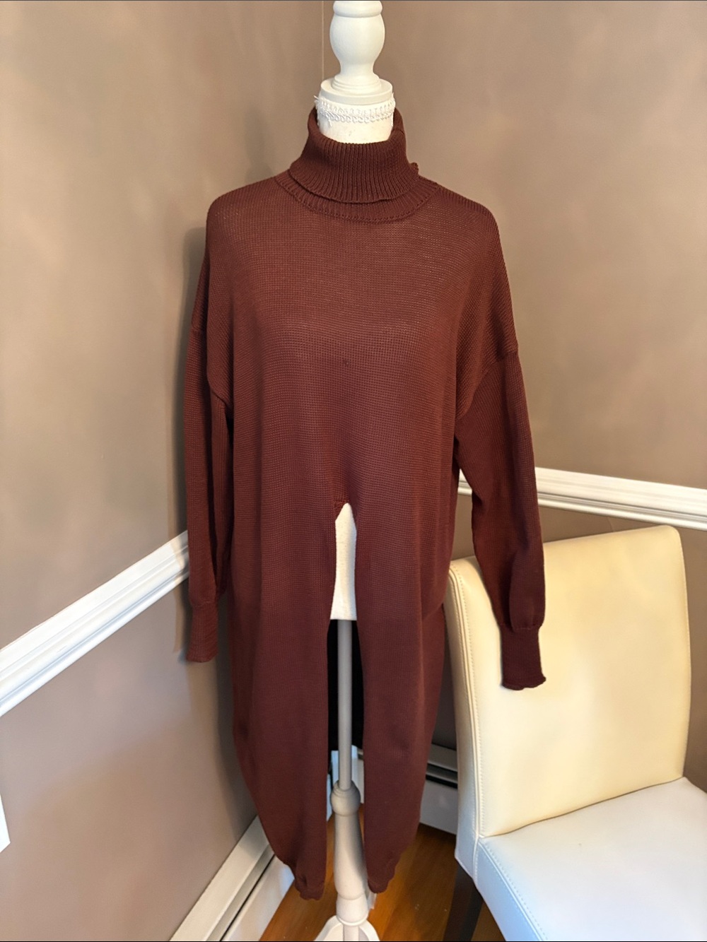 SHEIN Brown High Neck Long Split-Hem Turtleneck Sweater